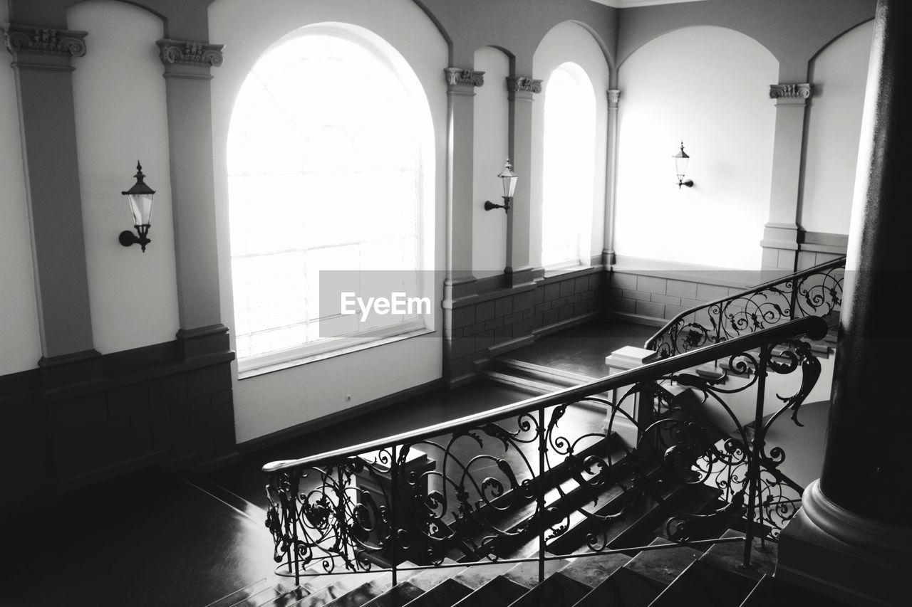 High angle view of staircase by window in building