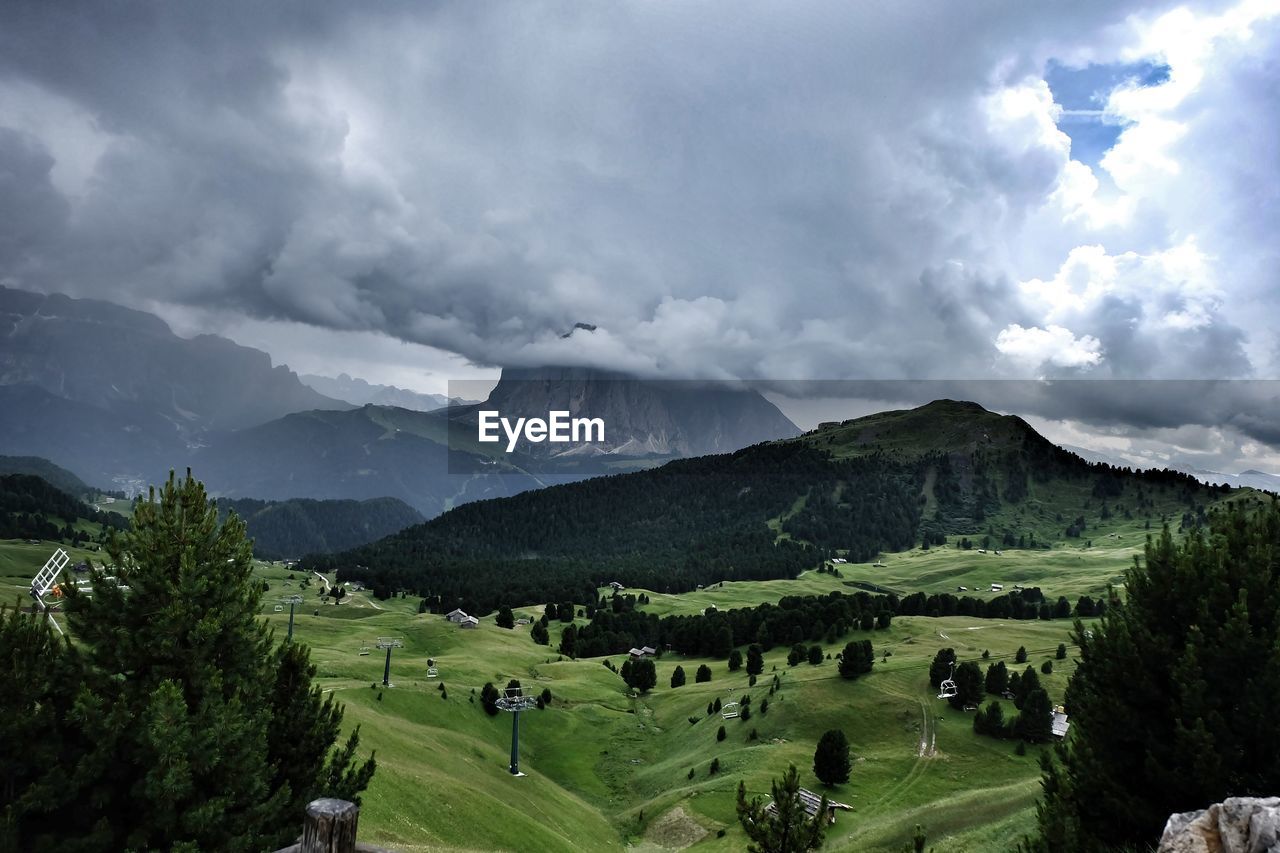 Scenic view of mountains against cloudy sky