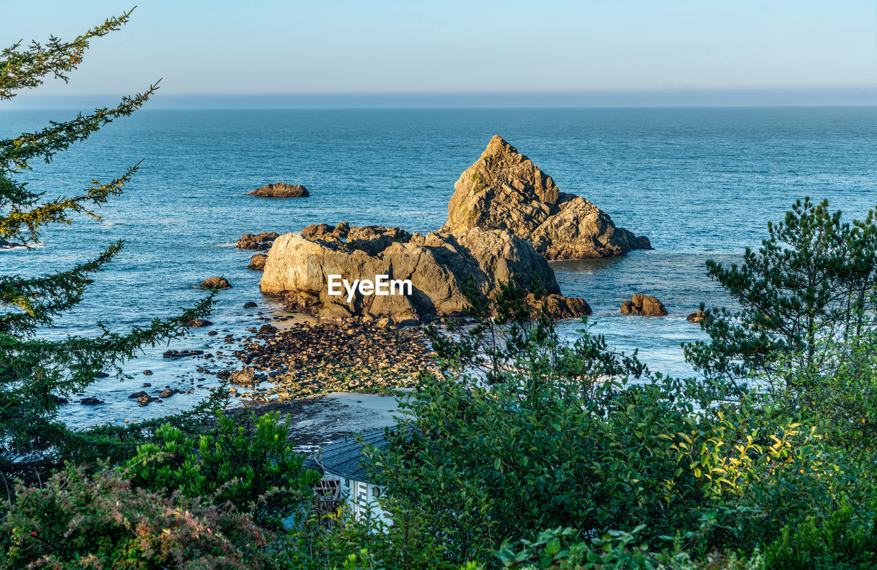 water, sea, beauty in nature, rock, sky, scenics - nature, shore, horizon over water, nature, land, plant, coast, tranquility, horizon, body of water, tranquil scene, beach, ocean, no people, day, cliff, tree, landscape, non-urban scene, idyllic, outdoors, rock formation, clear sky, bay, terrain, blue, travel destinations