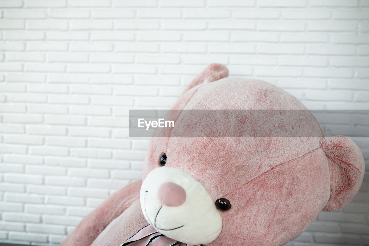 CLOSE-UP OF PINK TOY AGAINST WALL