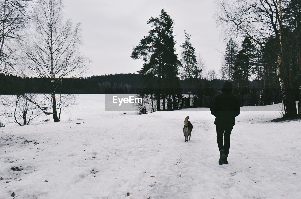 REAR VIEW OF PEOPLE WALKING ON SNOW COVERED LANDSCAPE