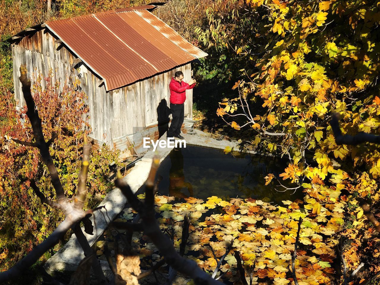 High angle view of man standing by pond during autumn