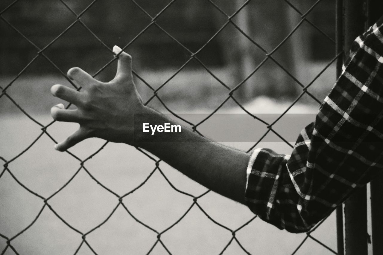 Close-up of man touching chainlink fence 