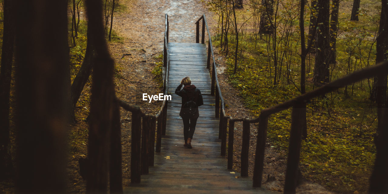 Rear view of woman on wooden staircase amidst trees in forest