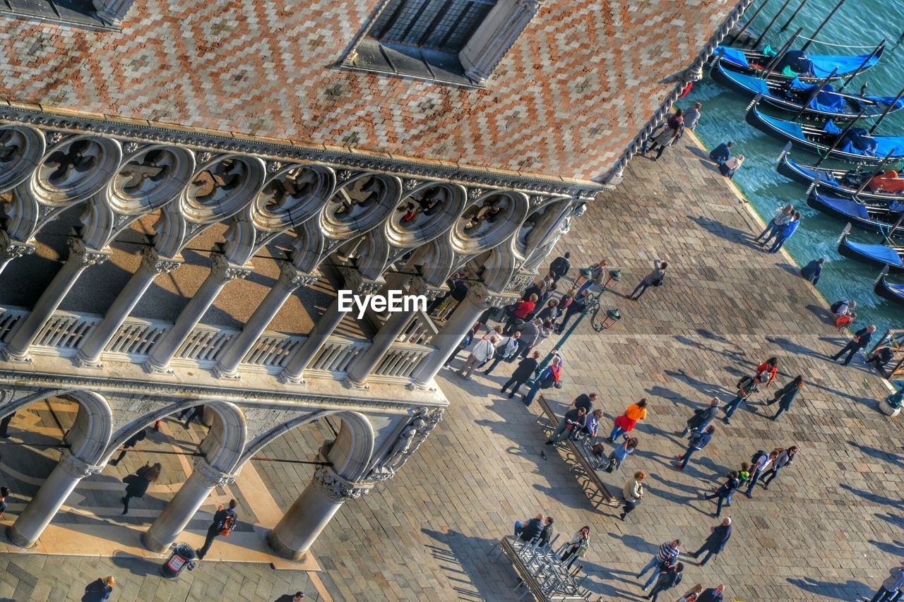 High angle view of people on city street