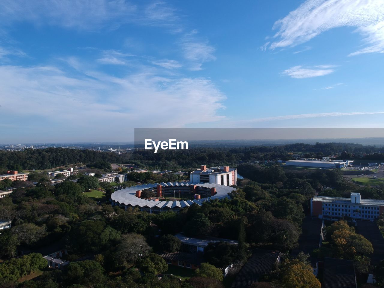 High angle view of buildings against sky