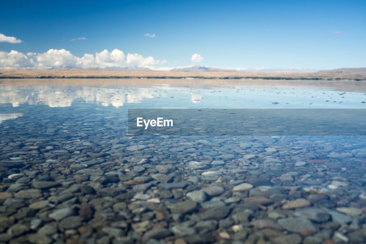 Surface level of lake against sky at lake in south island of nz 