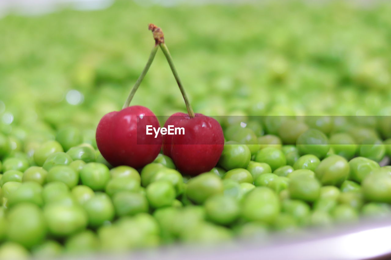 Two beads of cherry in the middle of peas