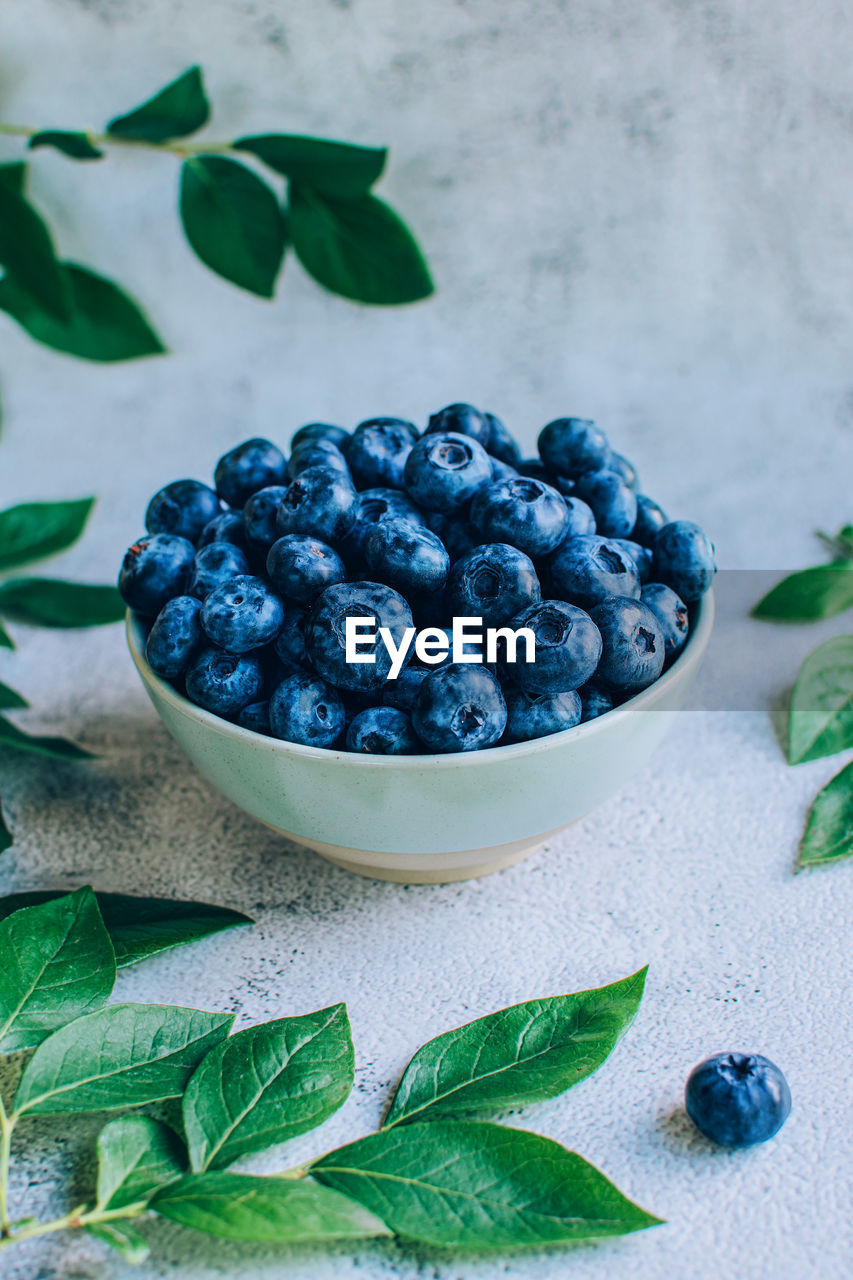 Ripe blueberry in a bowl with green leaves over gray table background with copy space.