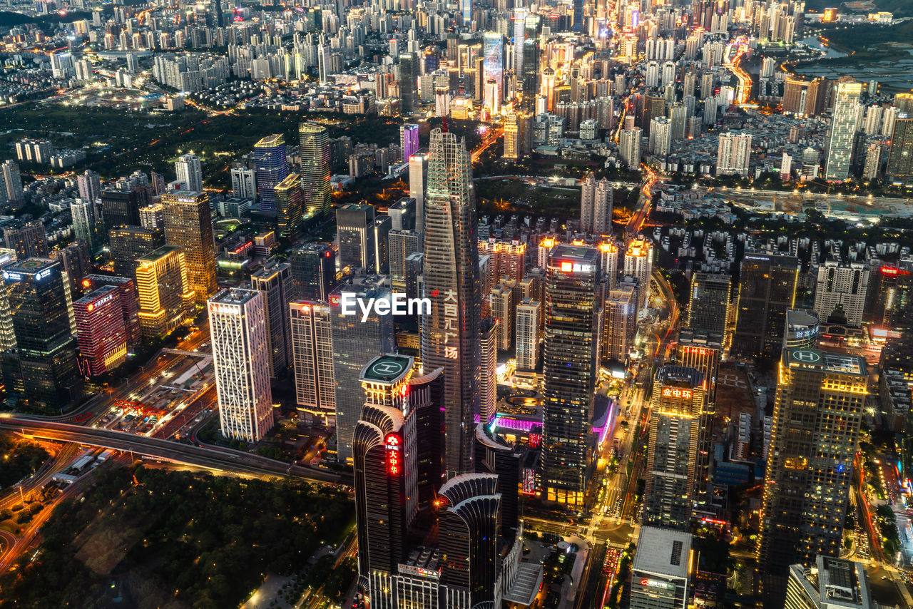 Aerial shot of shenzhen, china, at night