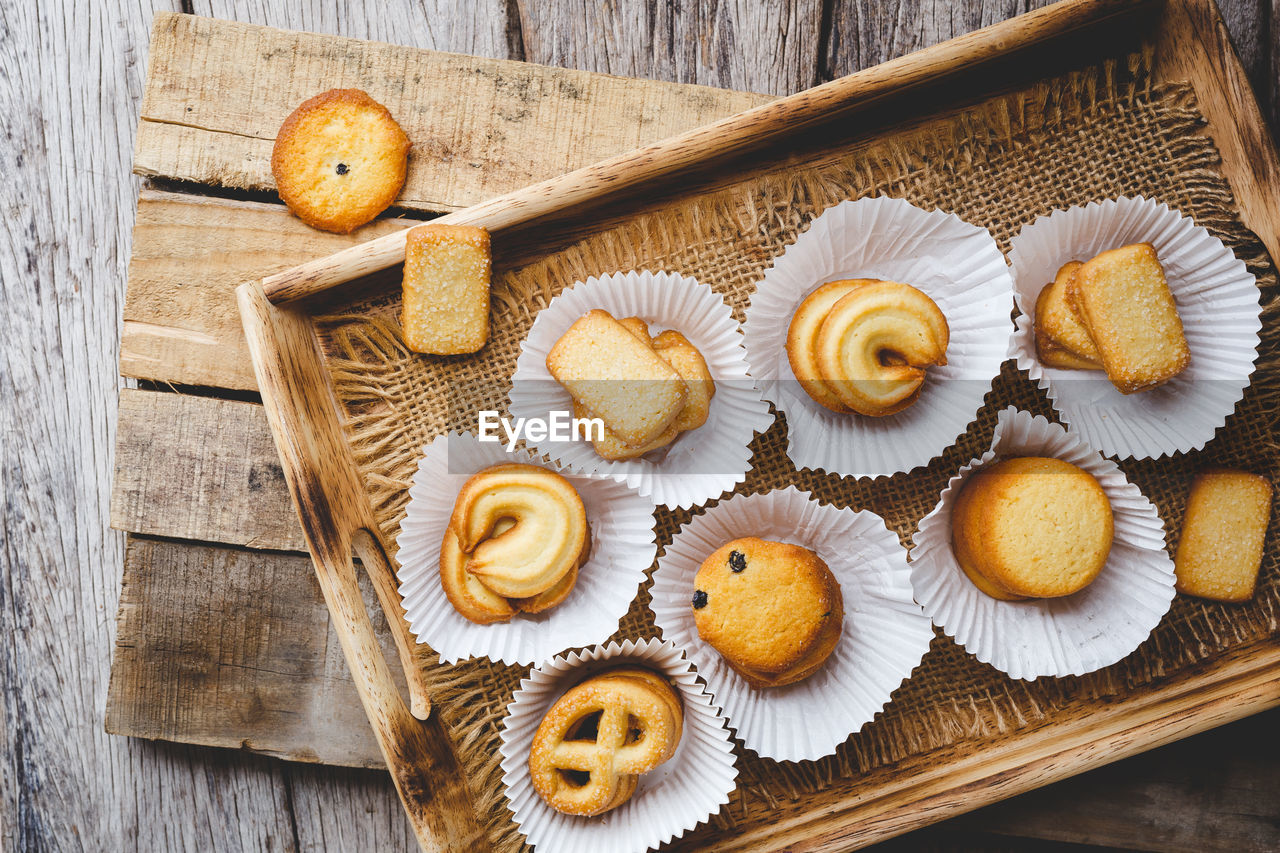 High angle view of cookies in tray on table