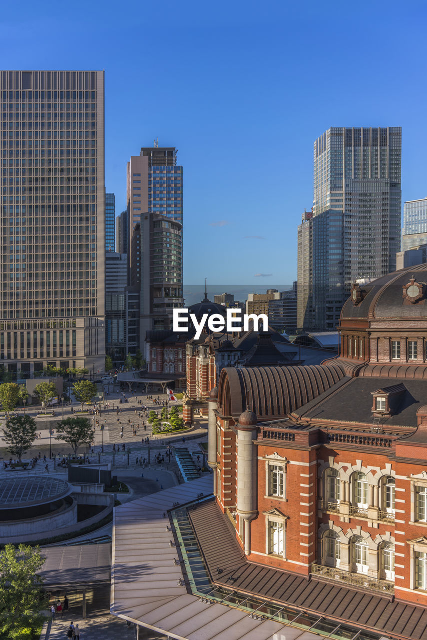 High angle view of the marunouchi side of tokyo railway station in the chiyoda city, tokyo, japan.