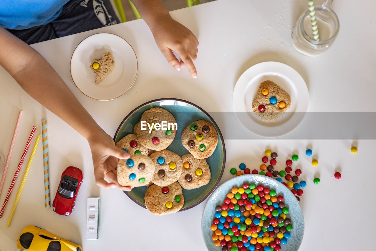 High angle view of breakfast on table