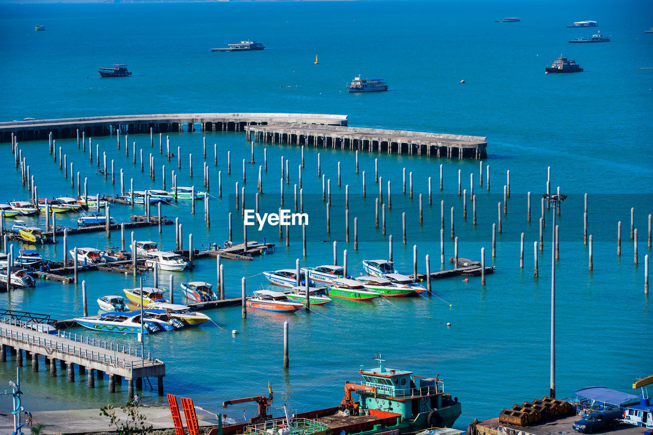 HIGH ANGLE VIEW OF BOATS AT HARBOR