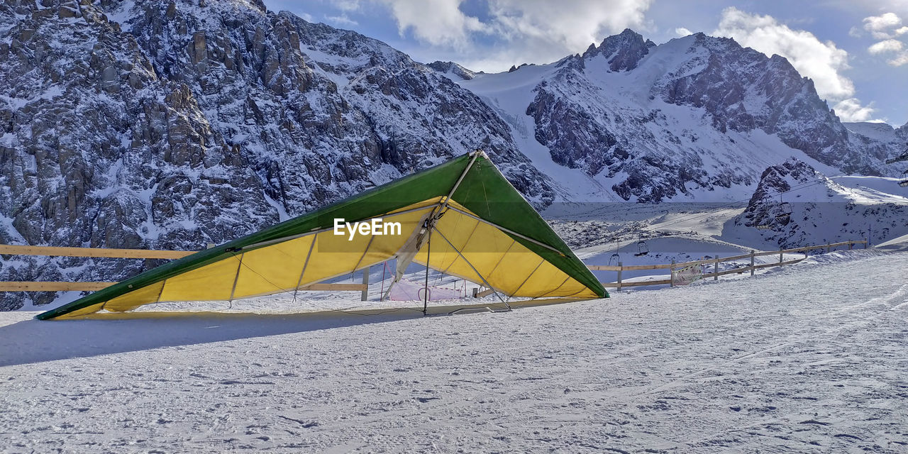 SNOW COVERED LAND AGAINST MOUNTAIN RANGE