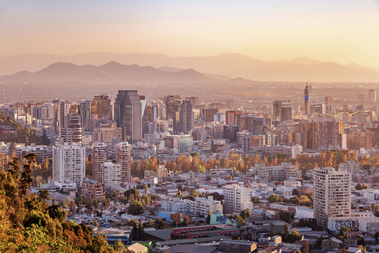 high angle view of city at sunset