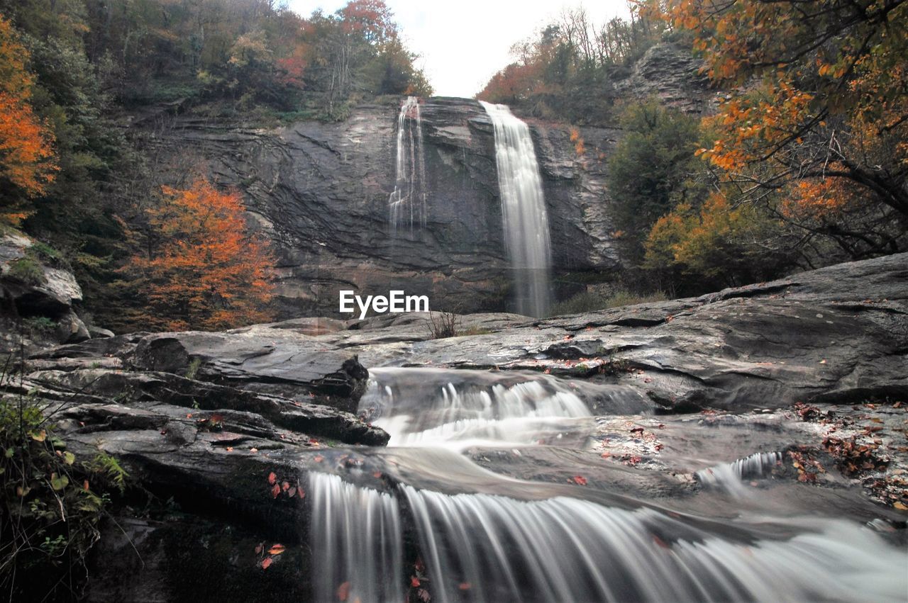 Scenic view of waterfall in forest during autumn