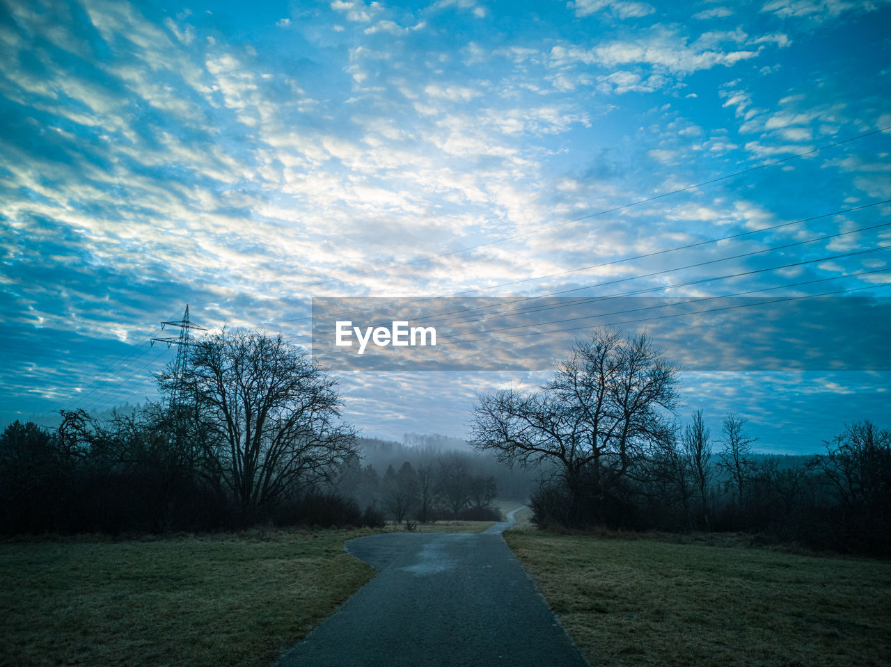 Road amidst trees on field against sky