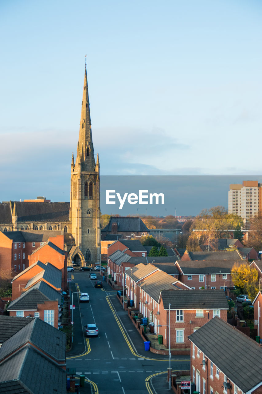 High angle view of buildings in manchester city against sky