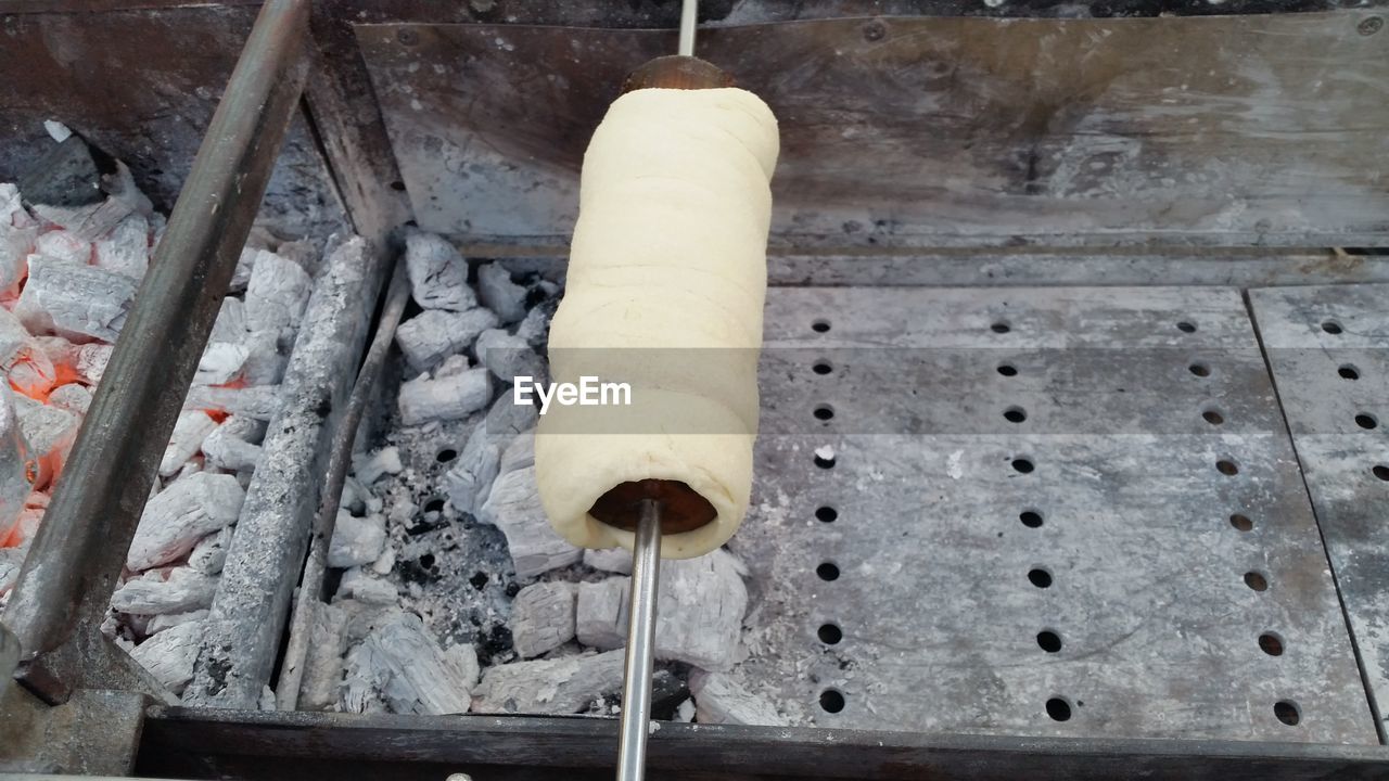 High angle view of food cooking on grill