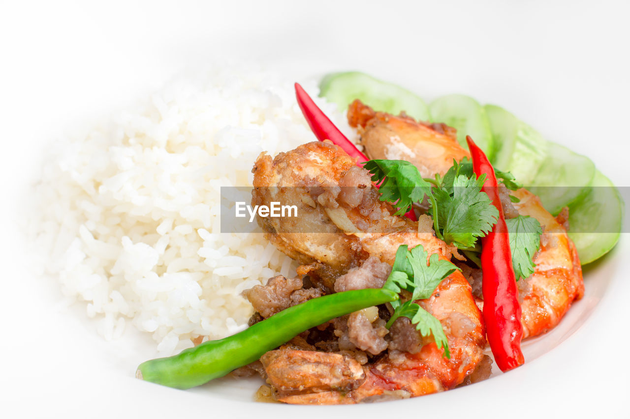 HIGH ANGLE VIEW OF MEAL SERVED IN PLATE ON WHITE