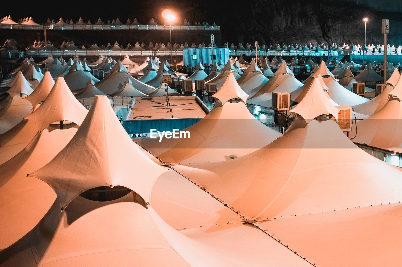 High angle view of tents at night