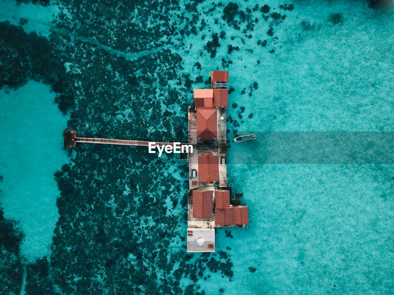 Aerial view of water chalet resort in bum bum island in semporna, sabah, malaysia.