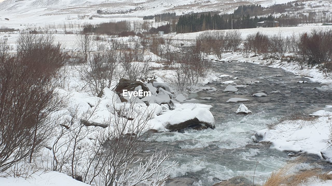 SCENIC VIEW OF FROZEN LAKE BY SNOWCAPPED MOUNTAINS