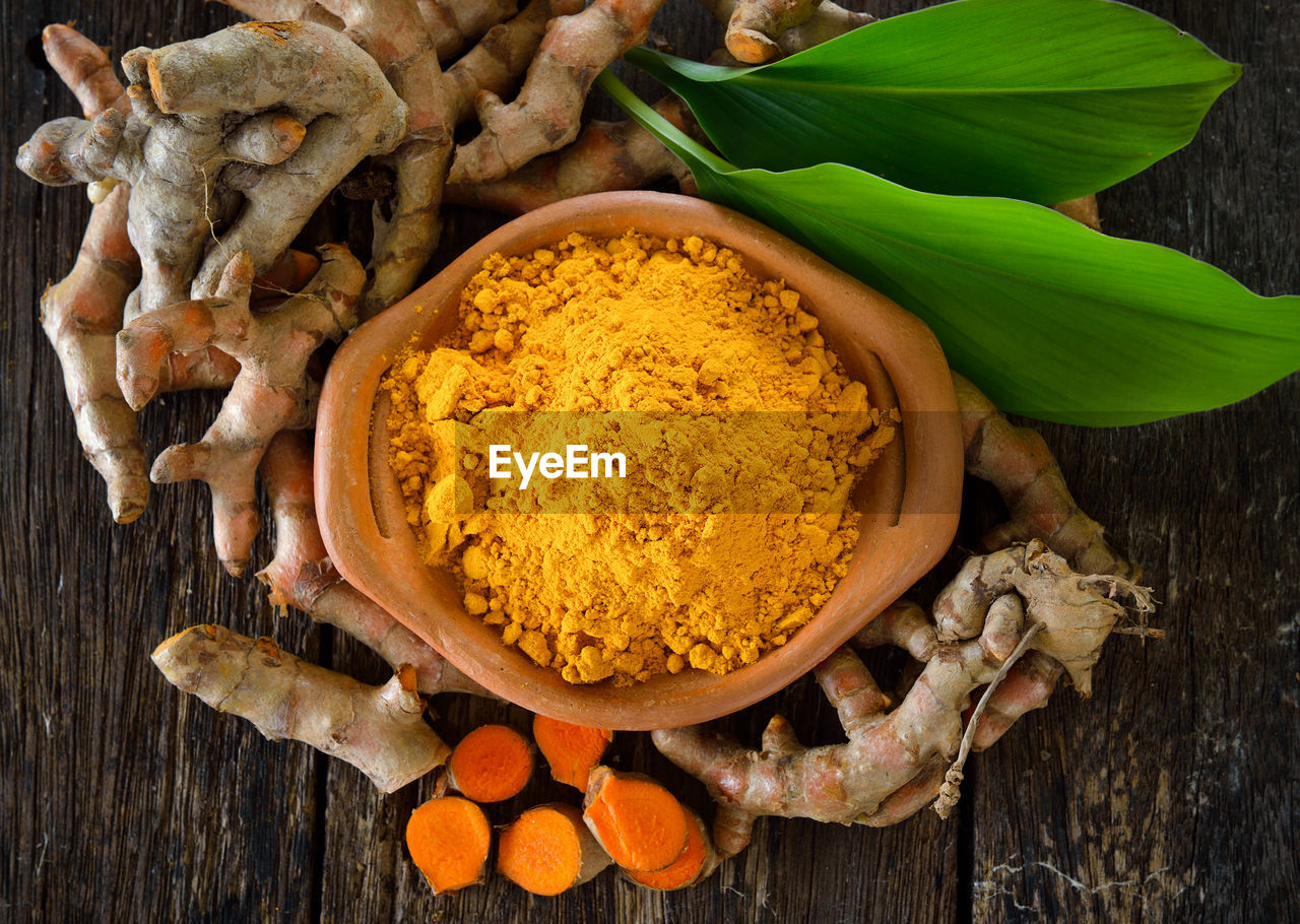 HIGH ANGLE VIEW OF SPICES ON LEAVES