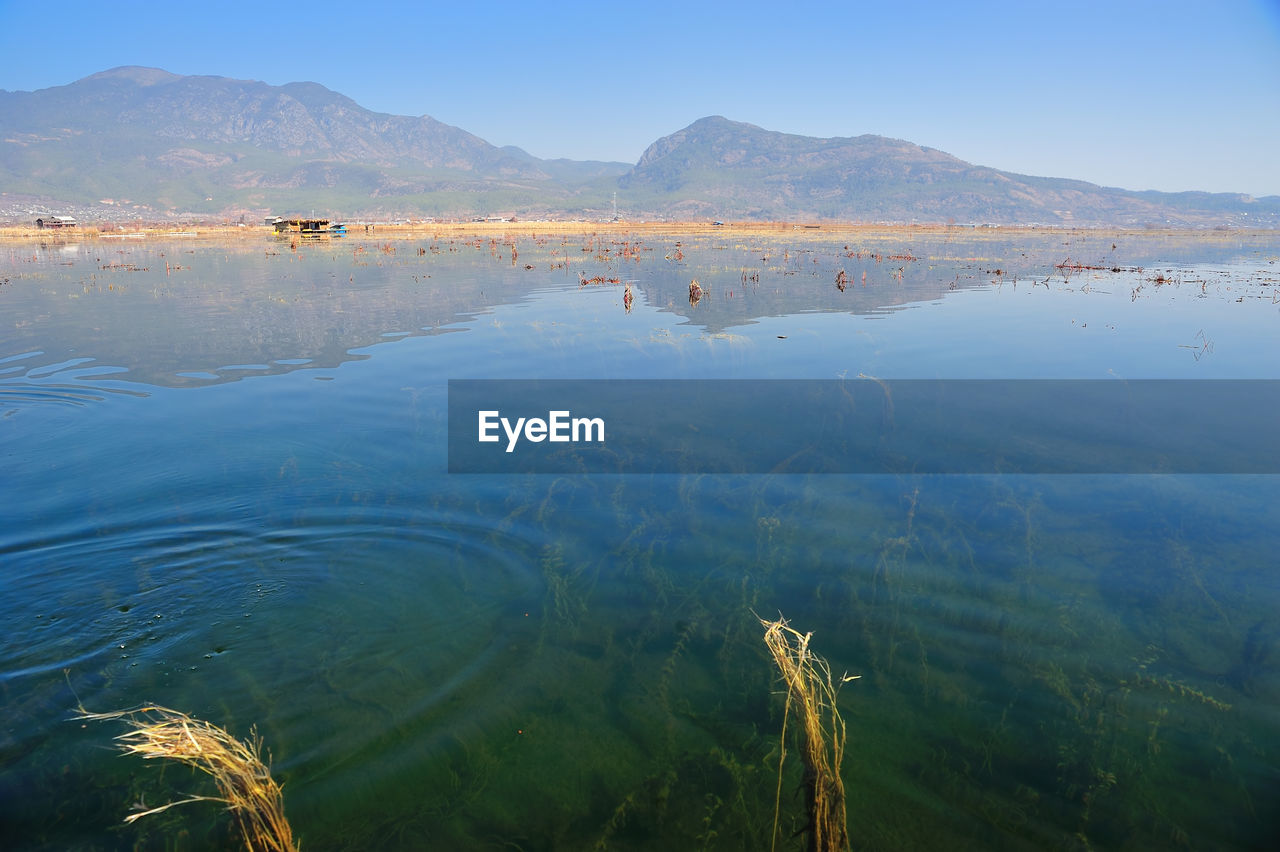 SCENIC VIEW OF LAKE BY MOUNTAIN AGAINST SKY