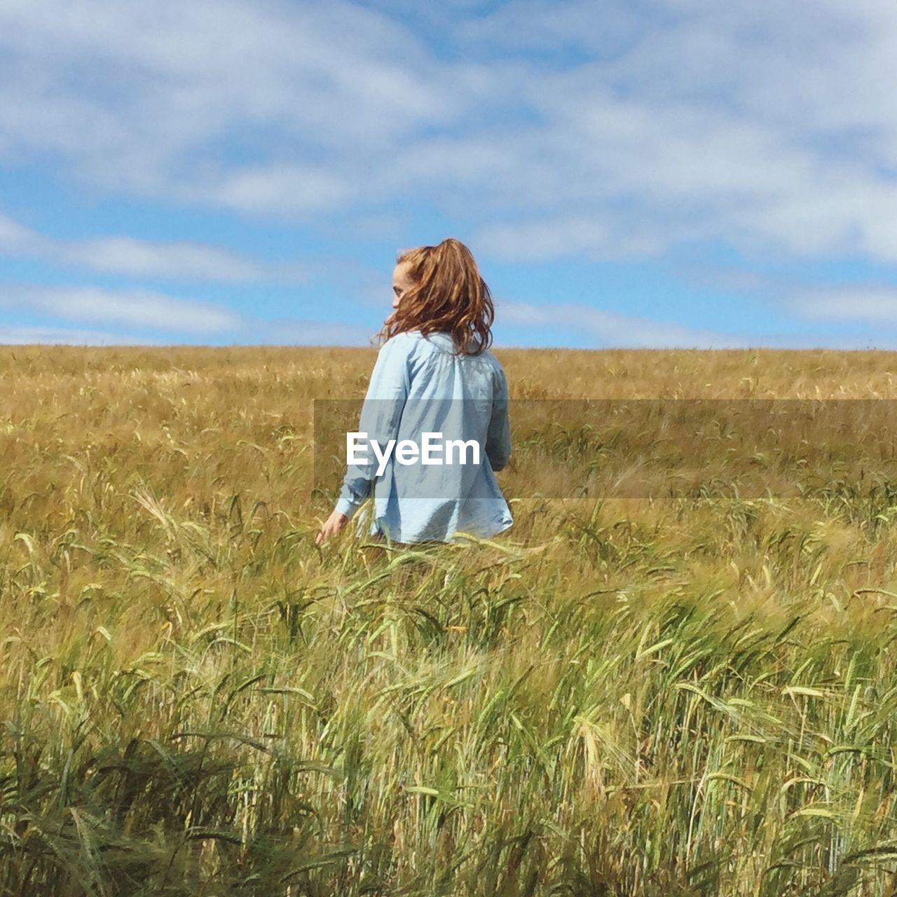 Rear view of woman standing on wheat field against sky
