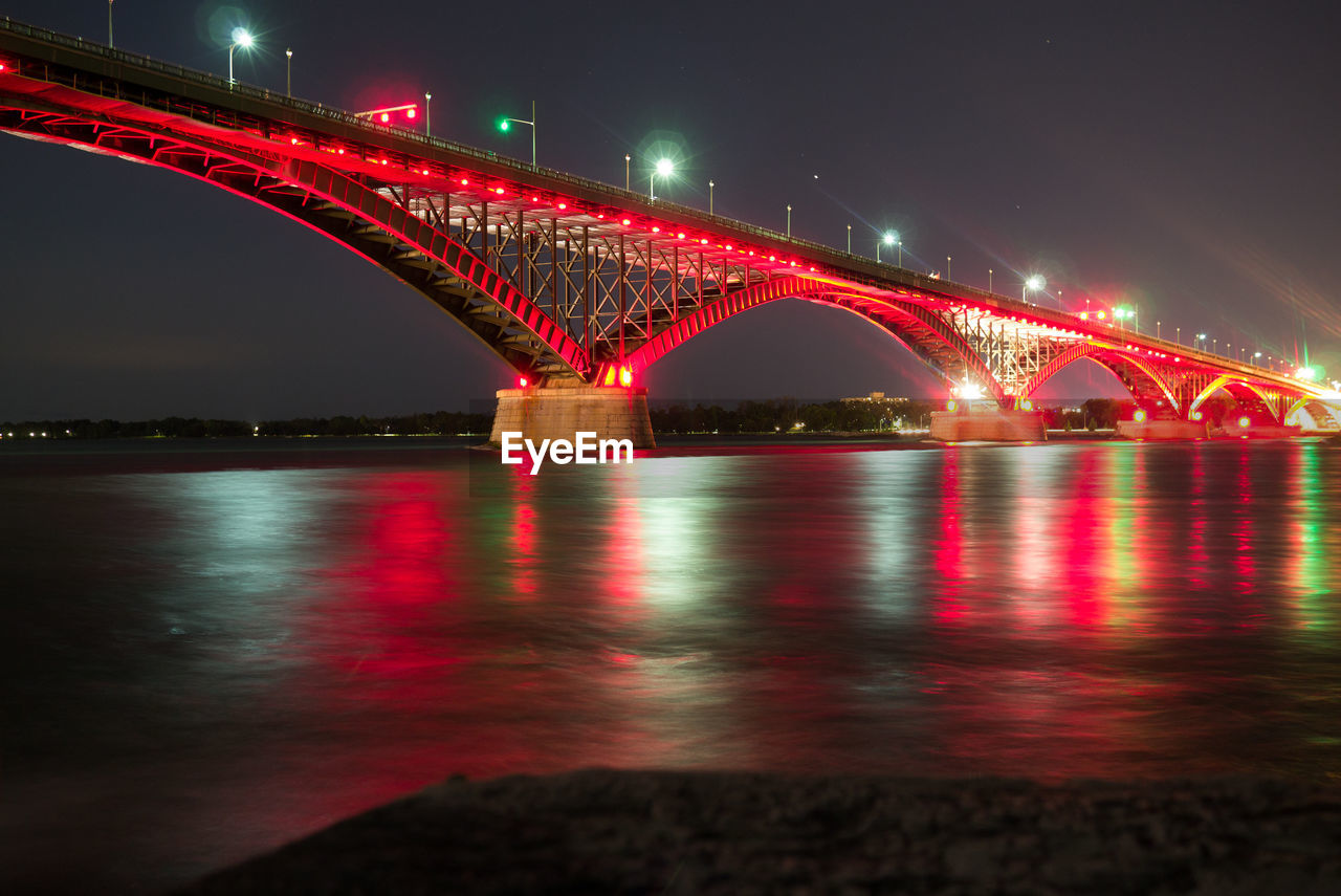 ILLUMINATED BRIDGE OVER RIVER AGAINST SKY