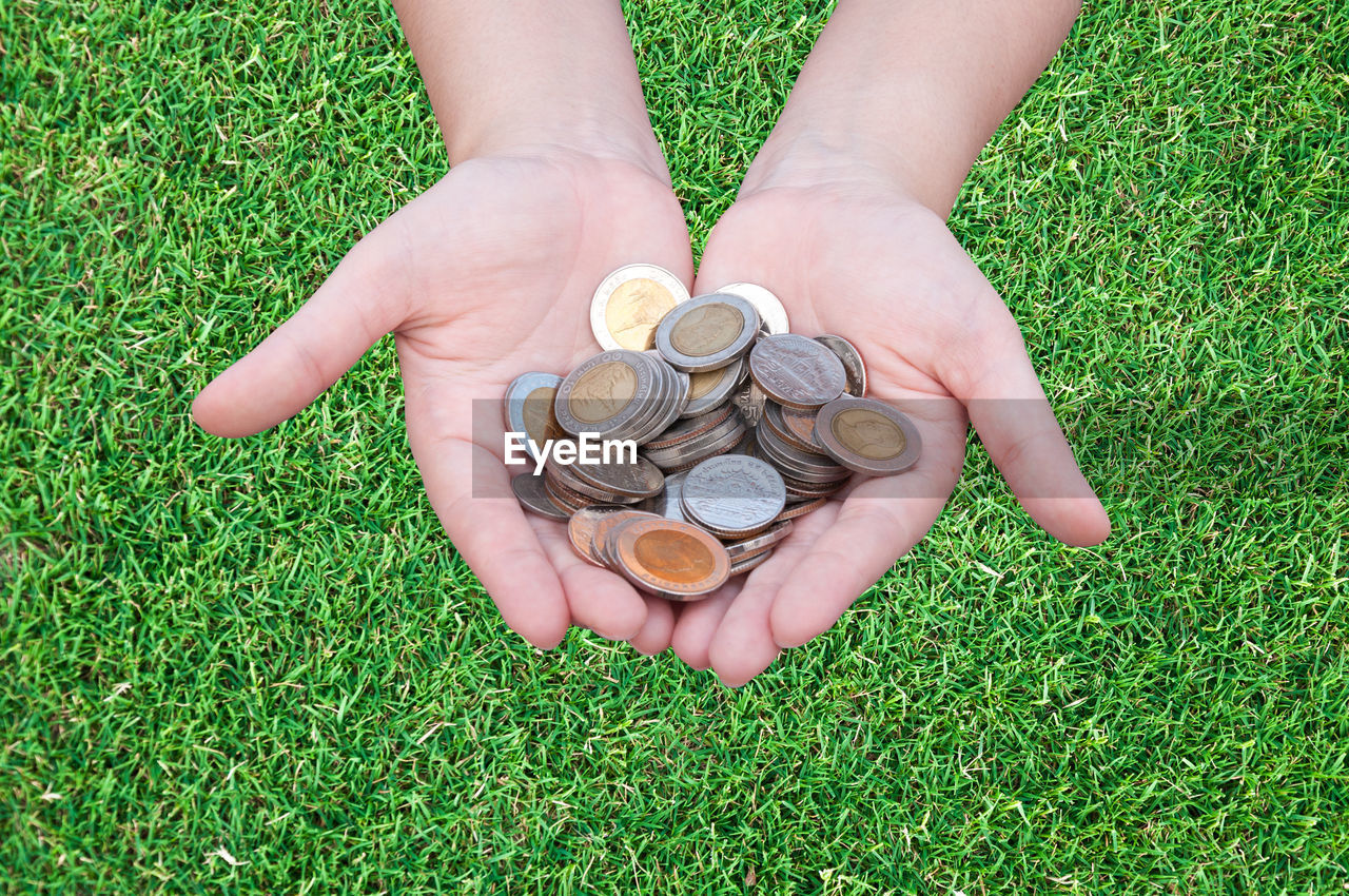 High angle view of hands holding coins over grass