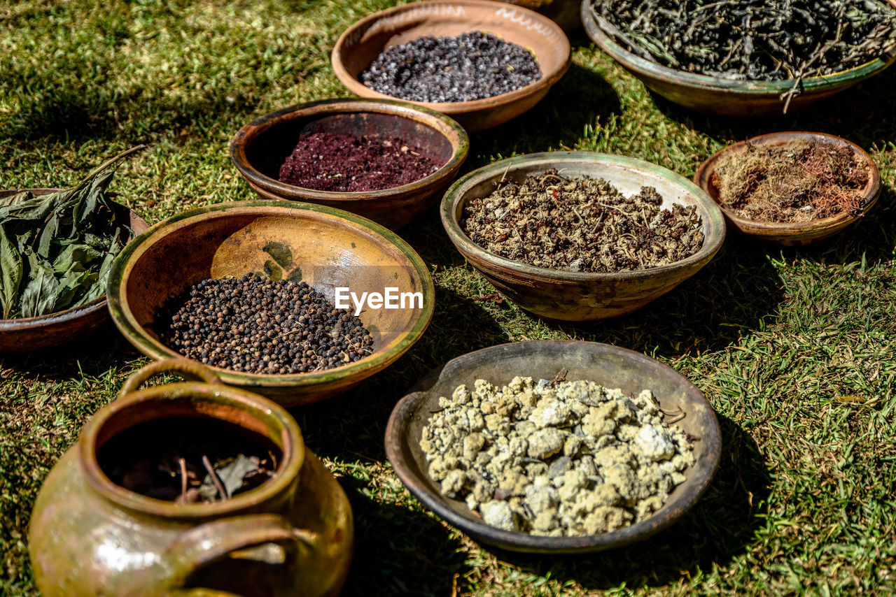 High angle view of various spices in bowls