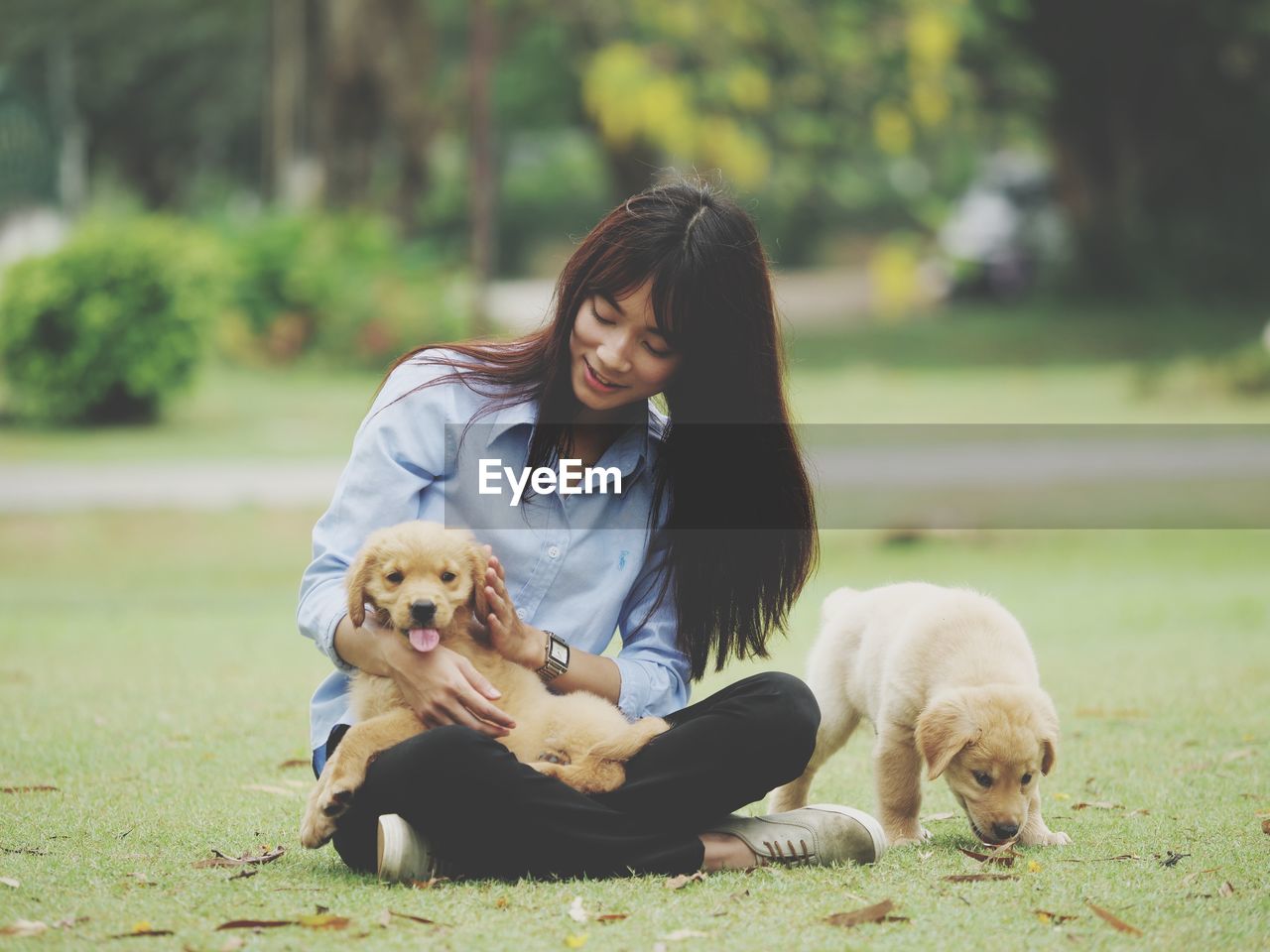 Full length of woman playing with puppy while sitting on grassy field at public park