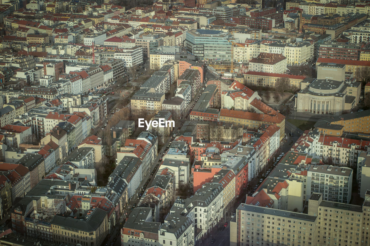 High angle view of city buildings