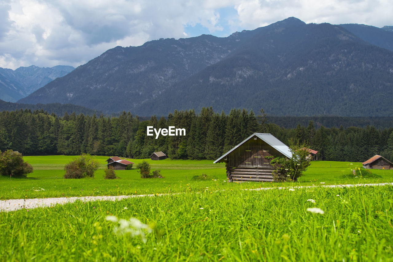 SCENIC VIEW OF FIELD BY HOUSES AGAINST MOUNTAINS