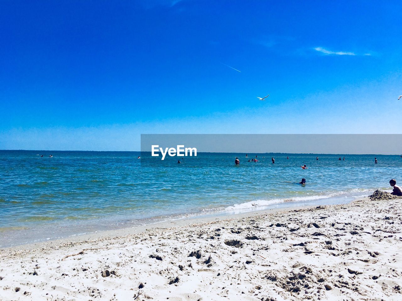 Scenic view of beach against blue sky