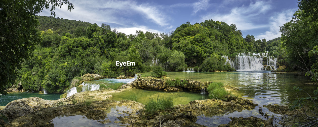 Scenic view of river amidst trees against sky