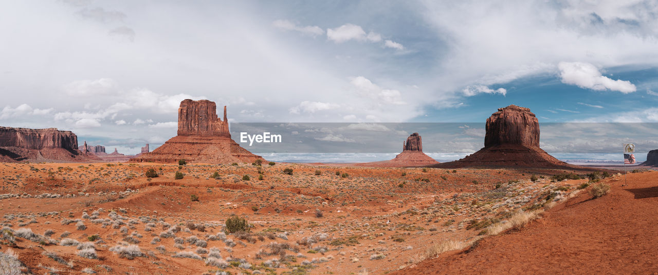Panoramic view of monument valley with american flag