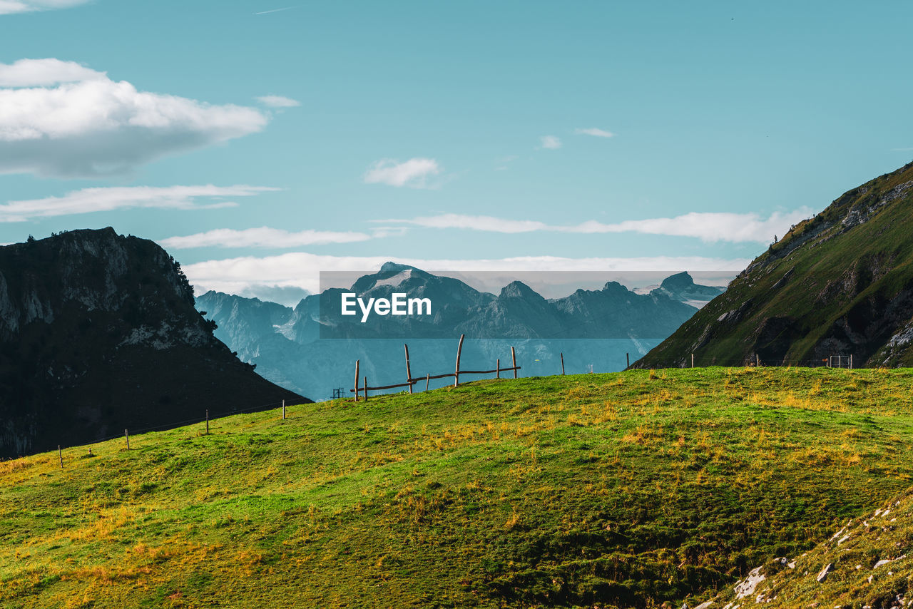 Panoramic view from fronalpstock of the swiss mountains on lake lucerne.
