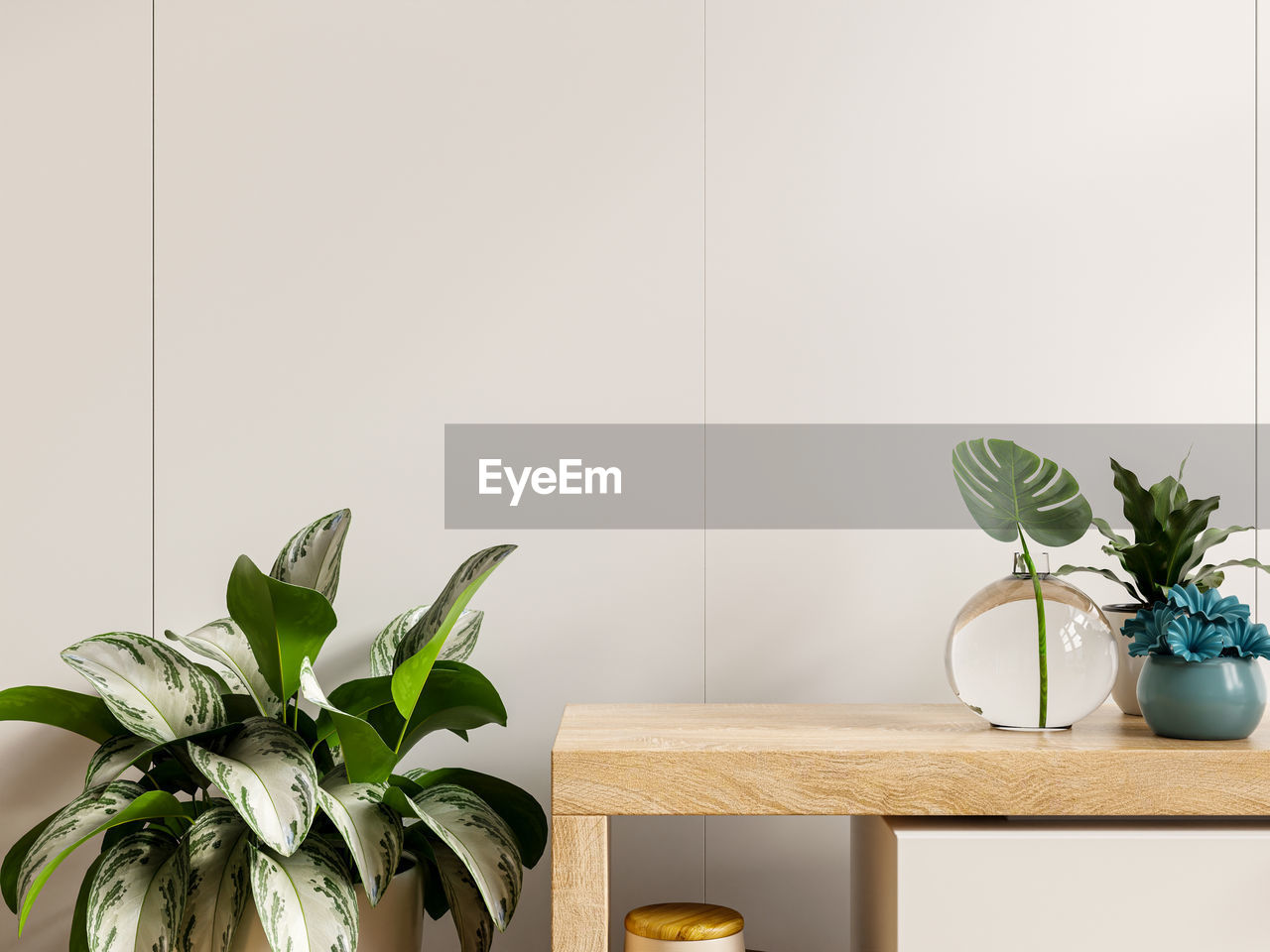 Mockup white wall with plants on cabinet wooden.3d rendering