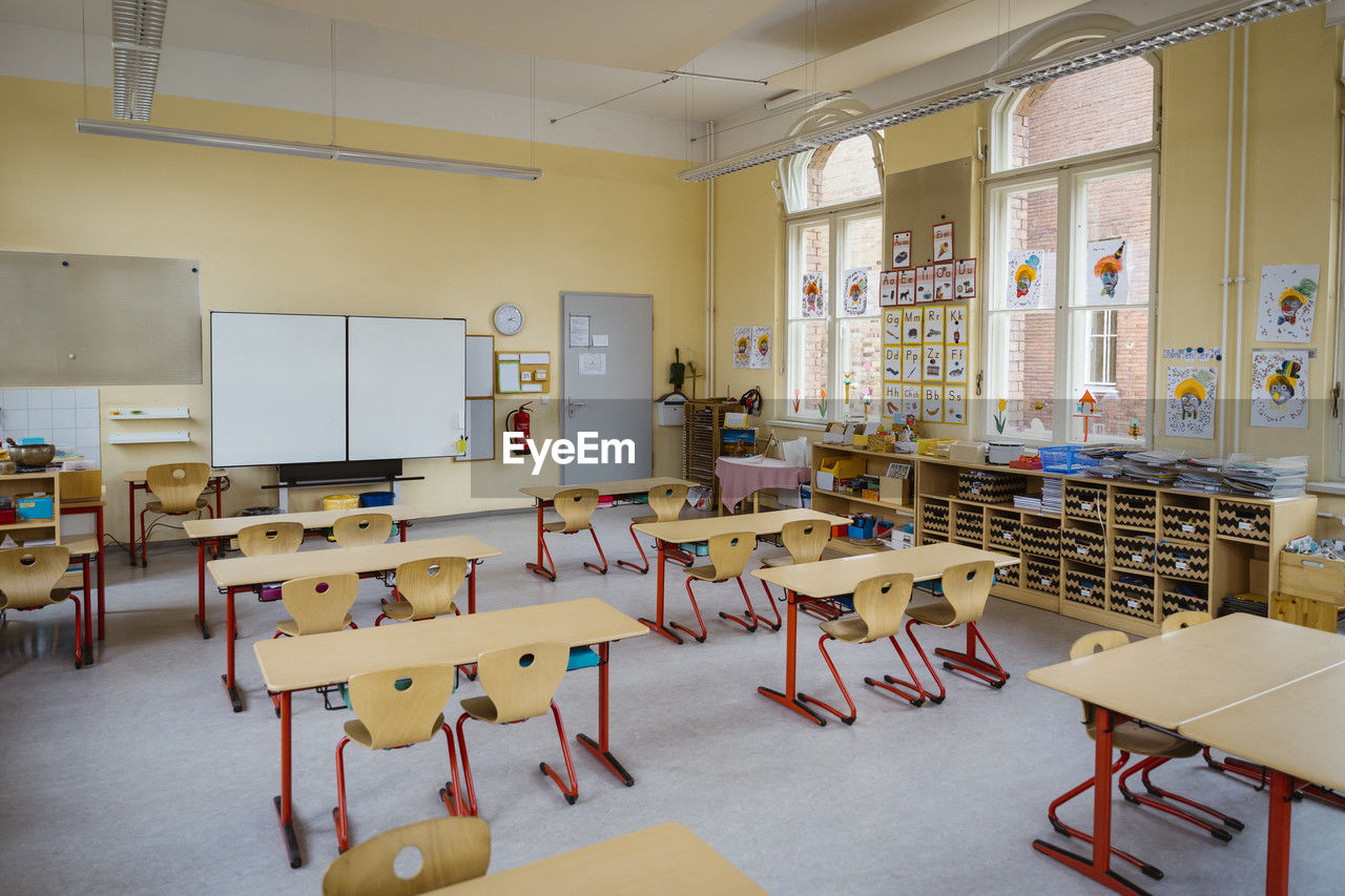 Neat classroom with racks and furniture at school