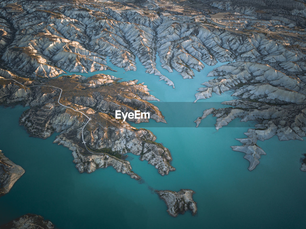 High angle view of extreme terrain in lake