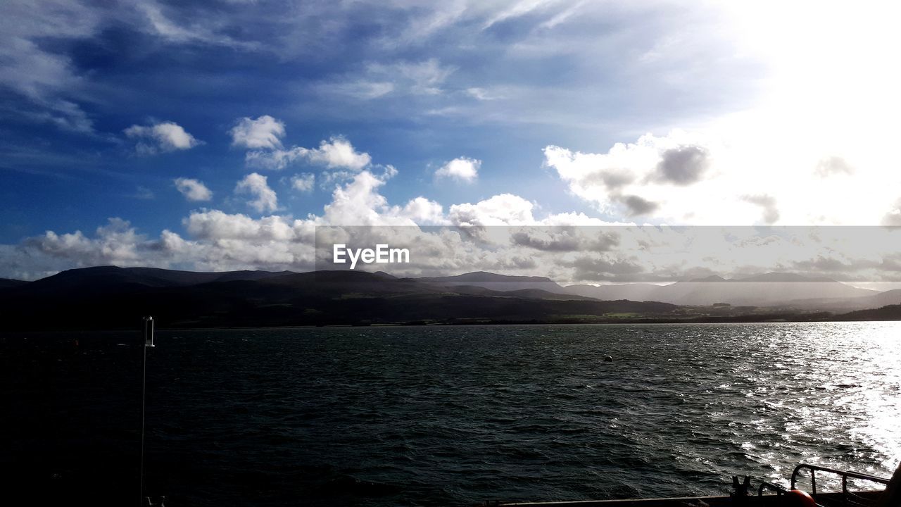 SCENIC VIEW OF SEA AND MOUNTAINS AGAINST BLUE SKY