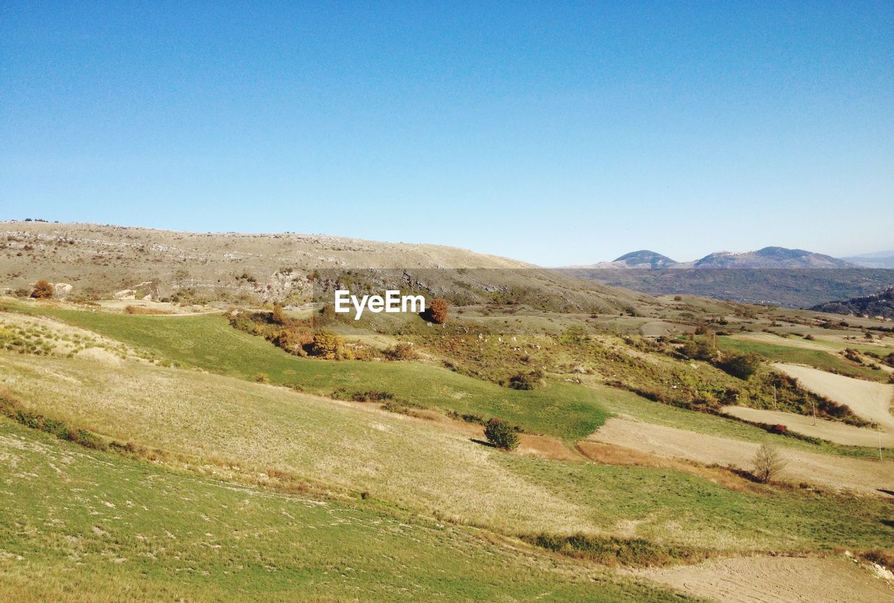 Scenic view of field and mountains against clear blue sky