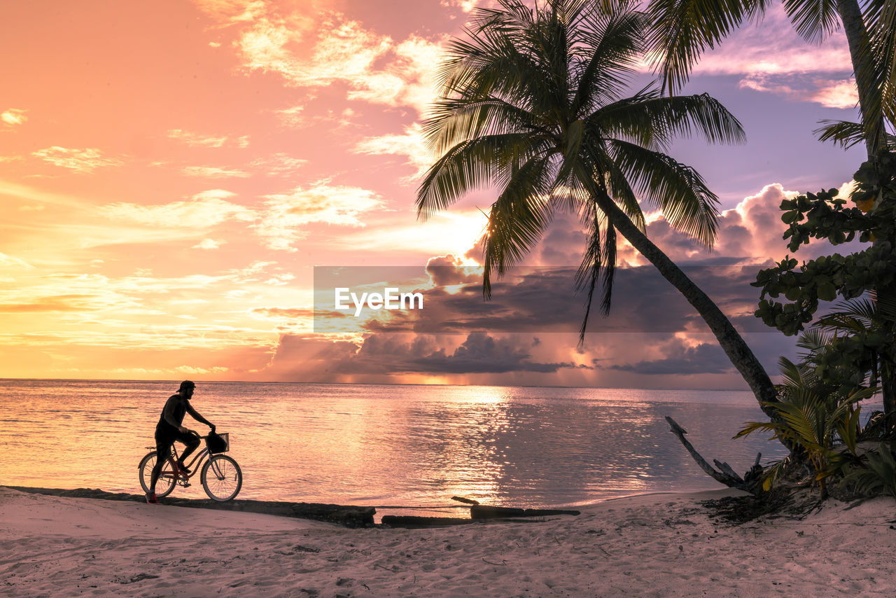 Side view of silhouette man riding bicycle at beach against sky during sunset