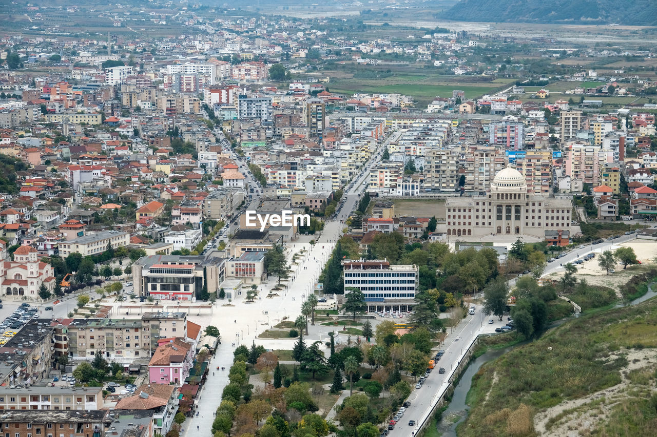 High angle view of buildings in city