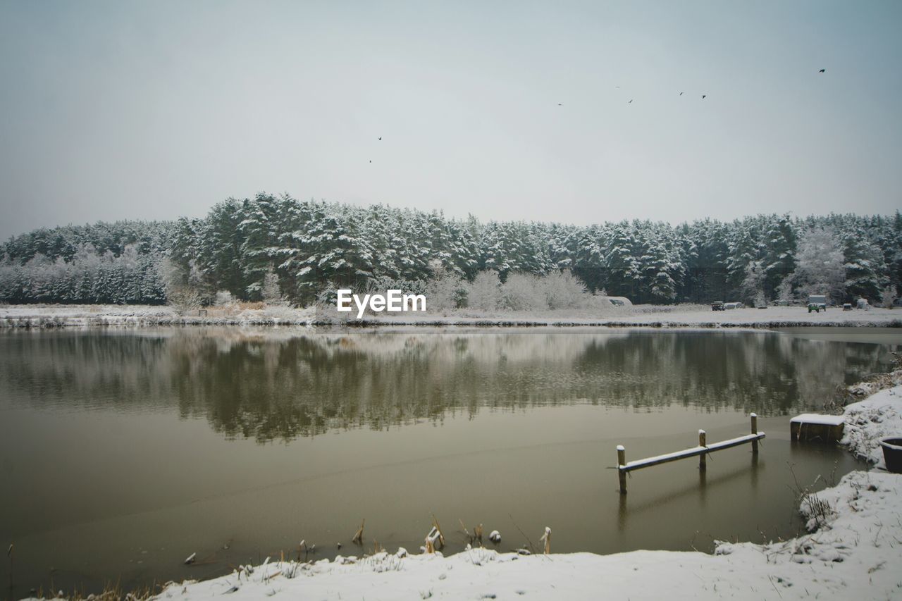 Scenic view of lake by trees against sky during winter