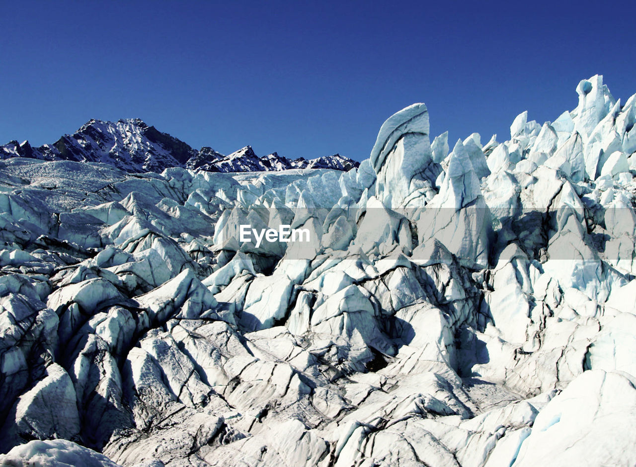 Snow covered landscape against clear blue sky